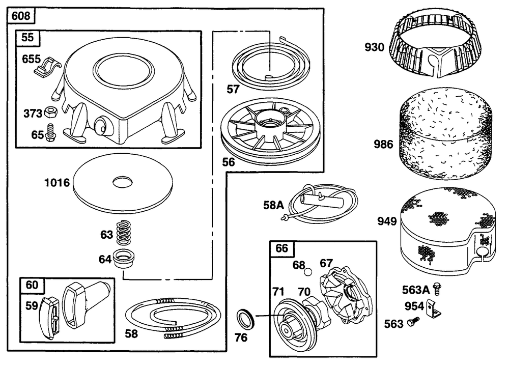 Rewind Starter Diagram and Parts List for 253702-0159-XX  Briggs and Stratton Engine